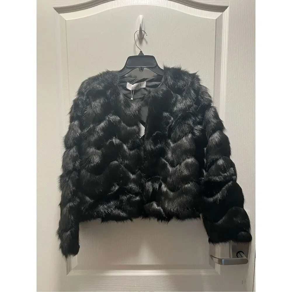 Elliatt Goldenseal textured faux fur jacket in black size L NWT$299 - Picture 3 of 5